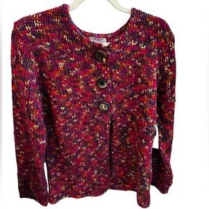 PBJ Sport Chunky Knit Cardigan Sweater Cozy Red Multicolor Mohair & Alpaca Wool
